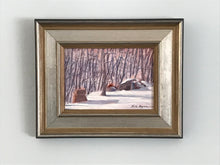 Load image into Gallery viewer, This original plein air oil painting was painted onsite in Fairfield, CT.  Keith noticed this fox resting on a bolder in the sun outside his studio window and was able to capture the scene.  It is painted on archival quality canvas covered panel with professional oil pigments.  The painting itself measures 5X7". The measurements including the frame are approximately 8.75X10.75" and the painting is framed, wired and ready to hang.