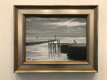 Load image into Gallery viewer, This original plein air oil painting was painted onsite at Ye Olde Yacht Yard in Fairfield, CT. It is painted on archival quality canvas covered panel with professional oil pigments.  The painting itself measures 9X12". The measurements including the frame are approximately 13.5X16.5" and the painting is wired and ready to hang.