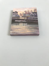 Load image into Gallery viewer, This original plein air oil painting was painted onsite at the harbor in Southport, CT.  It is painted on archival quality gallery wrap panel box with professional oil pigments.  The painting itself measures 10X8". This painting does not have a frame however is painted on the sides of the gallery wrap panel.  It is wired and ready to hang.  Paintings this size are ideal wall art for a small space and can make a unique gift.