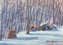 Load image into Gallery viewer, This original plein air oil painting was painted onsite in Fairfield, CT.  Keith noticed this fox resting on a bolder in the sun outside his studio window and was able to capture the scene.  It is painted on archival quality canvas covered panel with professional oil pigments.  The painting itself measures 5X7". The measurements including the frame are approximately 8.75X10.75" and the painting is framed, wired and ready to hang.